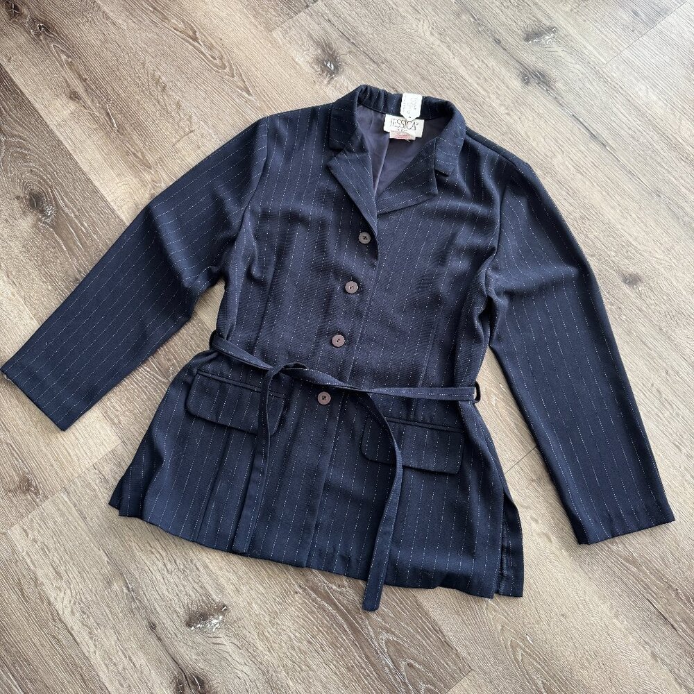 Vintage 90s Jessica Petites Blazer | Navy Blue Pinstripe Belted Jacket 8P